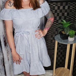 Avallable by Angela Fashion Woman’s Large Seersucker Off Shoulder Ruffled Dress